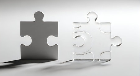 A grayscale image of two puzzle pieces, one solid and one transparent, interlocking to form a complete puzzleの写真素材