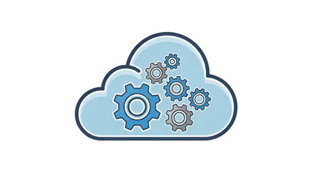 A stylized illustration of a cloud with gears inside, symbolizing cloud computing and mechanical synergyの写真素材