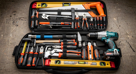 A black tool box open on a concrete floor, filled with an assortment of tools and equipment for DIY...