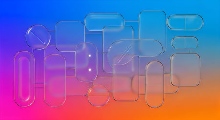 A blurry image with transparent objects on a gradient background transitioning from blue to pink to...