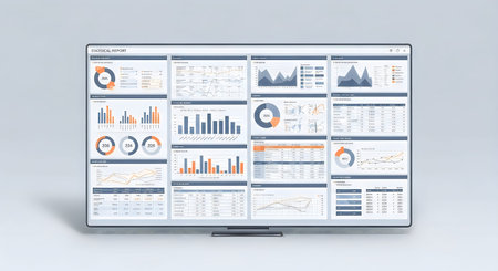 A blurry image of a computer screen displaying multiple graphs, charts, and data visualizations in a...