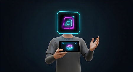 A figure with a TV head displaying a triangle symbol, holding a tablet with a glowing screen