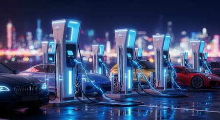 A futuristic cityscape at night with neon-lit skyscrapers and cars on a wet road reflecting blue...