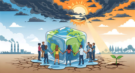 A group of people standing around the Earth, shielding it from pollution and climate change with a...