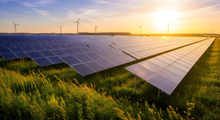 A serene landscape featuring solar panels in a lush green field during sunset with a vibrant sky