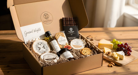 A thoughtfully arranged gift box filled with gourmet food and wine accessories, accompanied by a...