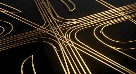 A complex network of golden roads and highways on a dark background with various curves and...