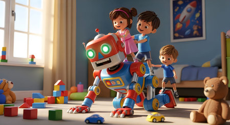 Three children playing with a large robot toy surrounded by blocks and other toys in a bright room with blue walls and a windowの写真素材