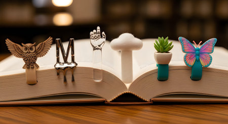 An open book with four unique bookmarks: a bird, a person, a mushroom, and a butterfly with a plant.