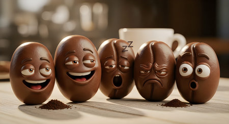 Five chocolate Easter eggs with painted on faces on a table with a white cup behind them