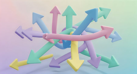 A vibrant and dynamic image featuring numerous arrows of various colors pointing in diverse directions, creating a sense of movement and energyの写真素材