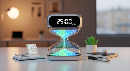 A sleek digital alarm clock with an hourglass shape and colorful lights sits on a modern desk with a...