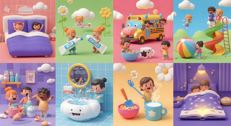 A collage of eight images featuring children in various playful and dreamy settings with clouds, toys, and vibrant colors, showcasing imagination and fantasy.の写真素材