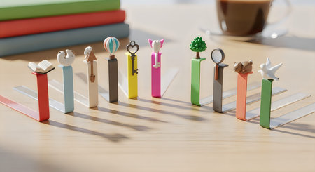 A collection of colorful pen charms with keychains on a desk with books and a cup in the background