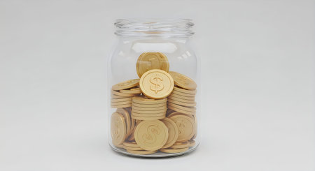 A transparent glass jar containing a collection of gold coins of various shapes and sizes, set...