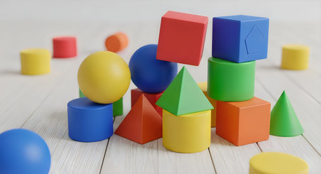 A collection of wooden blocks and shapes in various colors, including red, blue, green, yellow, and...