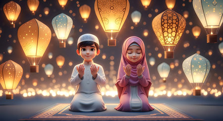 A 3D rendered image of a boy and girl kneeling in prayer on a mat surrounded by numerous glowing...