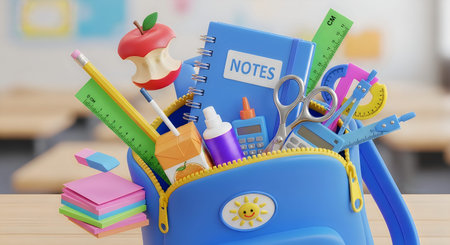 A blue pencil case with yellow trim, filled with various school supplies like pens, pencils,...