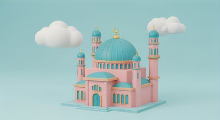 A whimsical 3D rendering of a pink mosque featuring multiple turquoise domes and minarets set against a soft blue background with fluffy white cloudsの写真素材