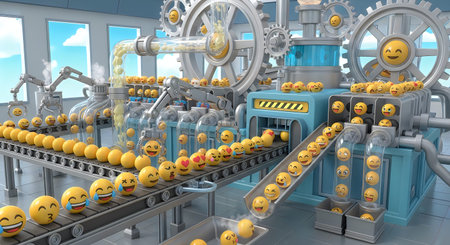 3d illustration of factory conveyor belt with emoticons and smileys