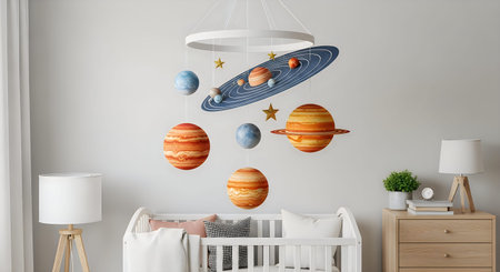 3d illustration of childrens room interior with moon, planets and stars