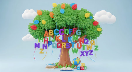 3d render of a tree with letters and numbers in the skyの写真素材