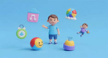 Two cartoon boys surrounded by various toys and objects in a vibrant and playful scene