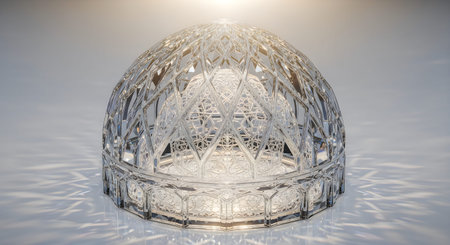 A crystal object with a faceted surface reflecting light, showcasing intricate details and sparkling clarity.の写真素材