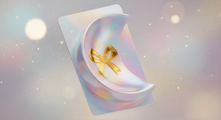 A close-up view of a shiny gold pendant resting on a white surface with a holographic or iridescent sheen and subtle sparklesの写真素材