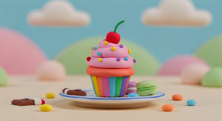 A vibrant ice cream sundae on a rainbow waffle cone topped with pink ice cream, sprinkles, and a...