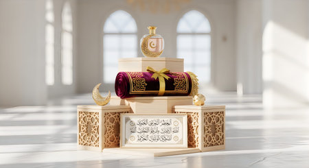 A high-end perfume bottle sits atop a decorative stand in a bright, white room with arched windows...