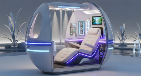 A sleek, futuristic capsule pod with a white chair, blue neon lights, and a small screen on the...