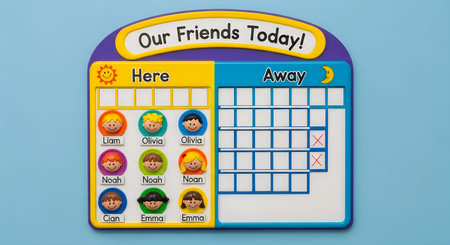 A blurry image of a children's attendance chart with a yellow and blue design and cartoon characters