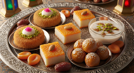 A vibrant platter of traditional Middle Eastern sweets and desserts, including gulab jamun, barfi, and other sweet treats, garnished with nuts and dried fruits.の写真素材
