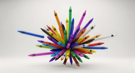 A bunch of colorful pens standing upright in a clear glass or plastic container on a white surface
