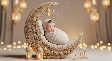 A newborn baby lies peacefully on a crescent moon-shaped crib, surrounded by soft glowing lights and...