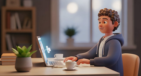A 3D animated man with short brown hair and glasses sits at a desk with a laptop, coffee cup, and...