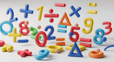 A collection of vibrant plastic math symbols and numbers scattered on a white surface, ideal for...