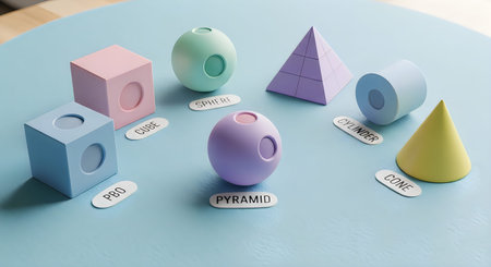 A collection of 3D geometric shapes including cube, sphere, pyramid, cone, and more on a light blue background with labelsの写真素材