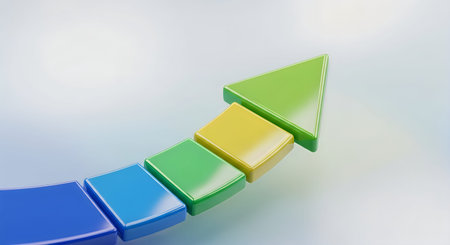 A close-up view of a curved line of wooden blocks in different colors, including blue, green, and...