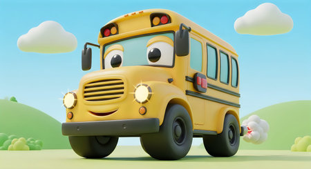 A cheerful cartoon school bus with a smiley face driving on a road with green hills and blue sky...