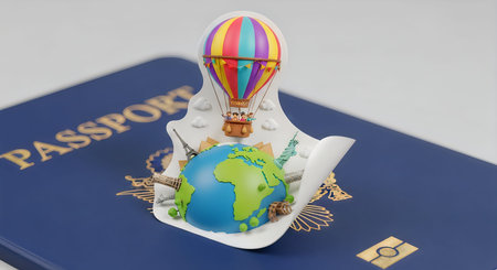 A colorful hot air balloon figurine sitting on a blue passport with a globe underneath, symbolizing...