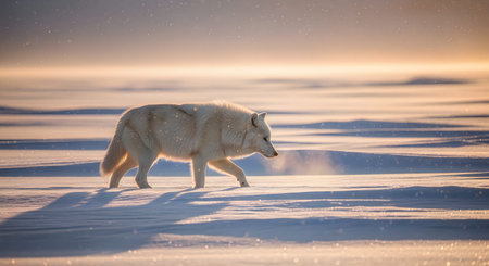 A wolf walks across a snowy landscape with a serene sunset in the background, casting a warm glow on...