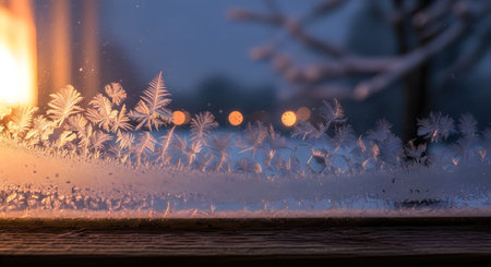 A blurry winter scene viewed through a frosty window with warm lights shining through the ice crystals on the glassの写真素材