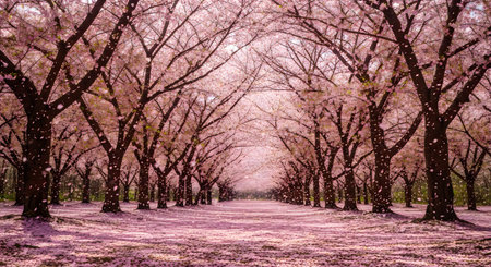 A tranquil scene of a tree-lined path covered in pink blossoms and leaves under a bright sky