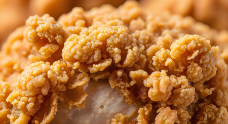 A detailed view of crunchy, golden-brown fried chicken exterior with intricate texture