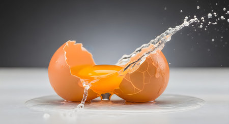 An orange is being squeezed with water spraying out, highlighting its juiciness and freshness on a...
