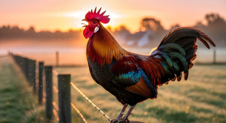 A rooster stands proudly on a fence post with a serene rural landscape and beautiful sunrise in the...