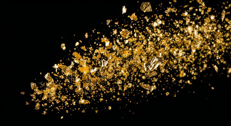 An abstract image featuring a cluster of shimmering gold and orange particles against a stark black...