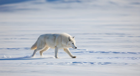 A white arctic wolf walks on snow with a focused gaze, showcasing its thick fur and powerful...